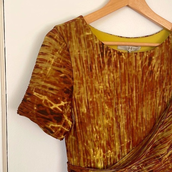 Halston Heritage brown mustard abstract bodycon ruched wiggle Dress 10 - Picture 3 of 6